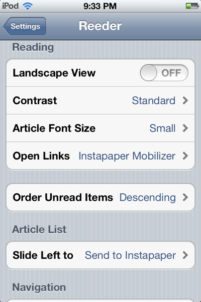Screen shot of Reeder settings